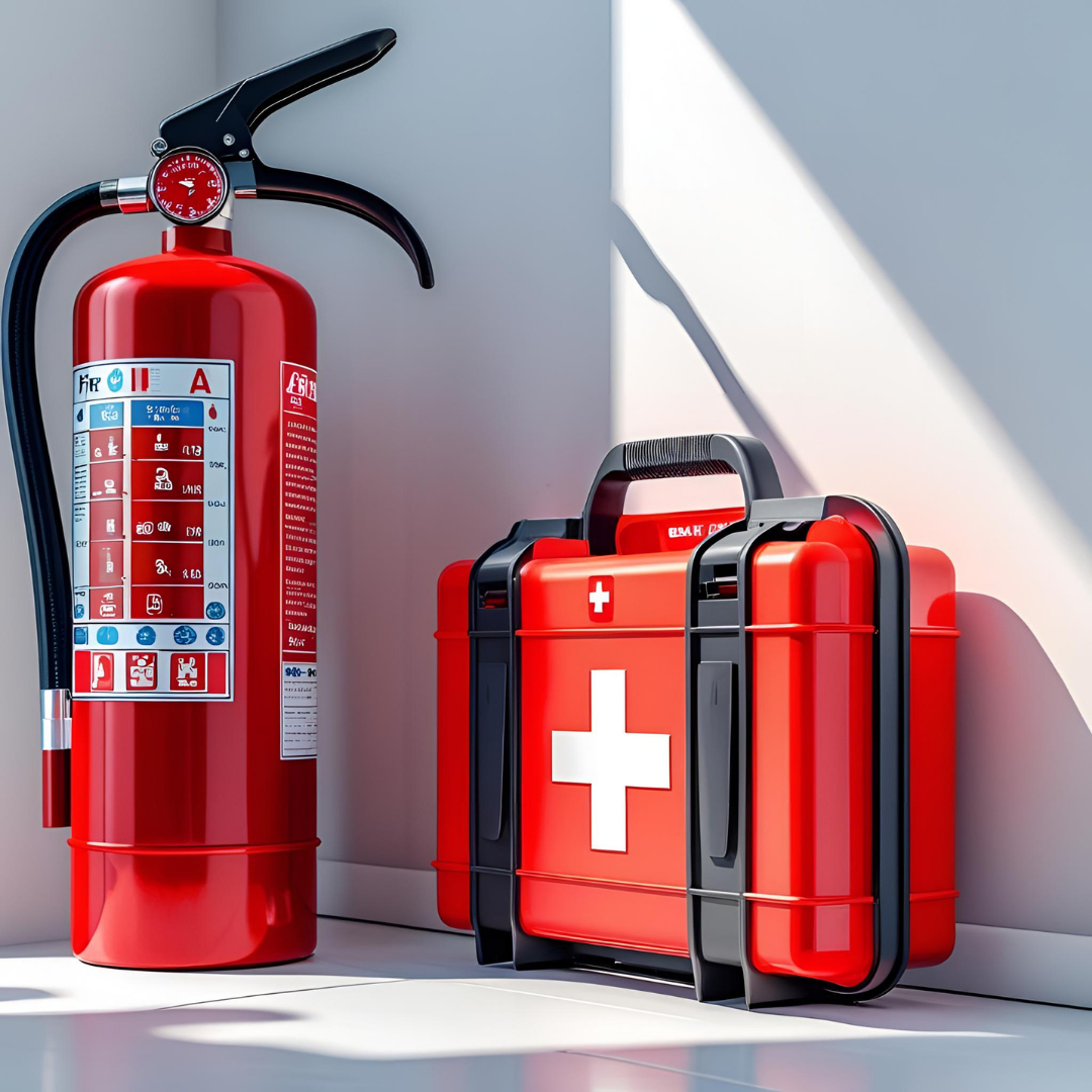 Safety essentials in an Airbnb: fire extinguisher and first aid kit setup