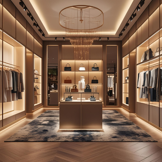 Boutique retail interior showcasing the psychology of retail design with strategic layout and warm lighting