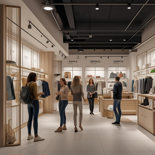 Shoppers interacting with a retail space designed with customer flow and psychology in mind
