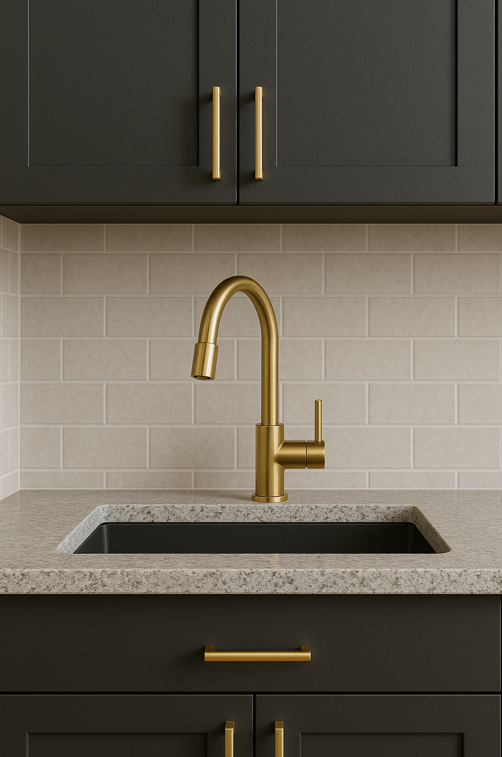 brushed brass kitchen tapware and matching cabinet handles