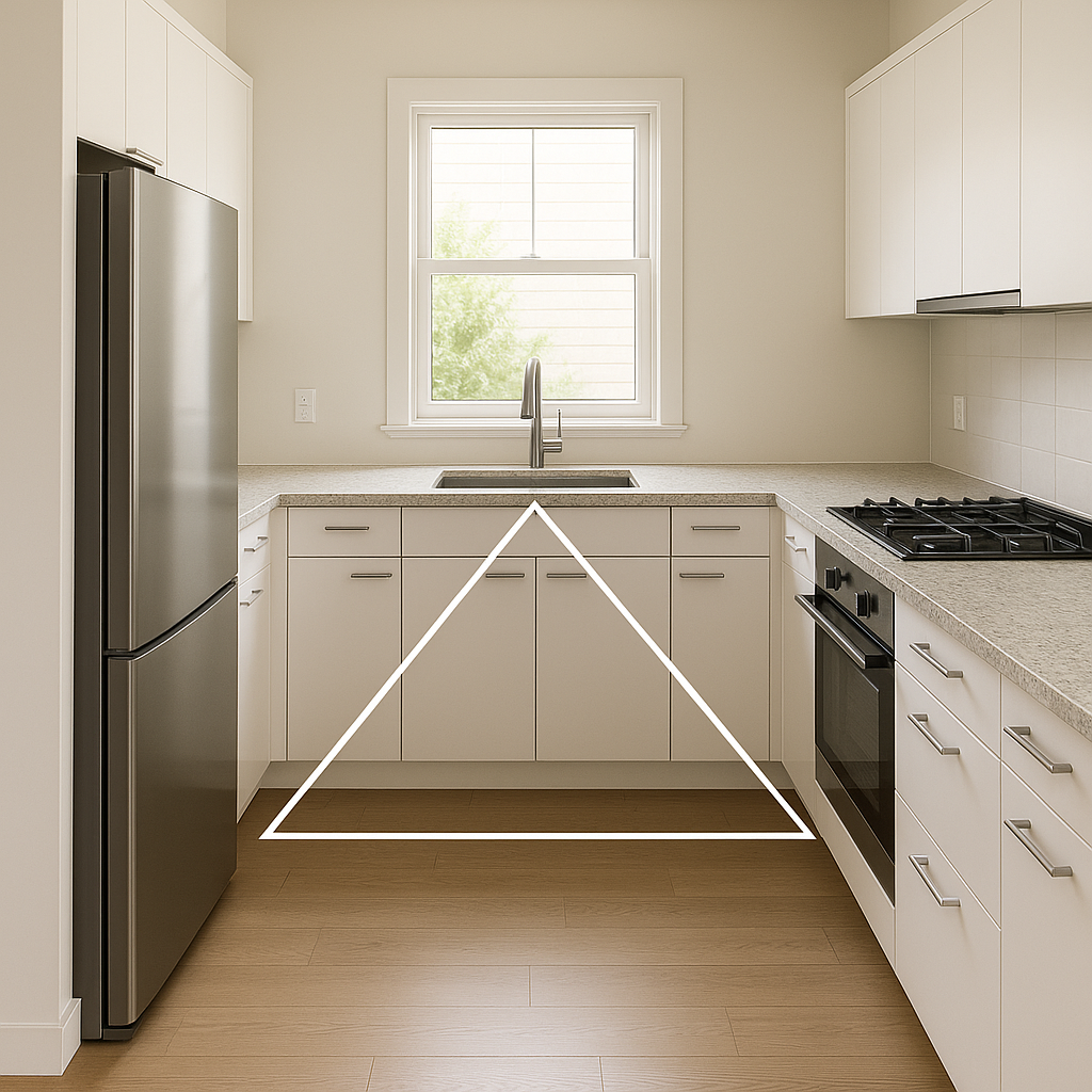 functional kitchen layout showing sink, stove and fridge triangle