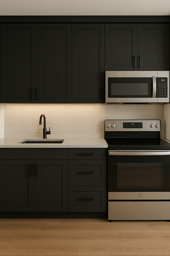 matte black kitchen cabinetry with durable stone benchtop