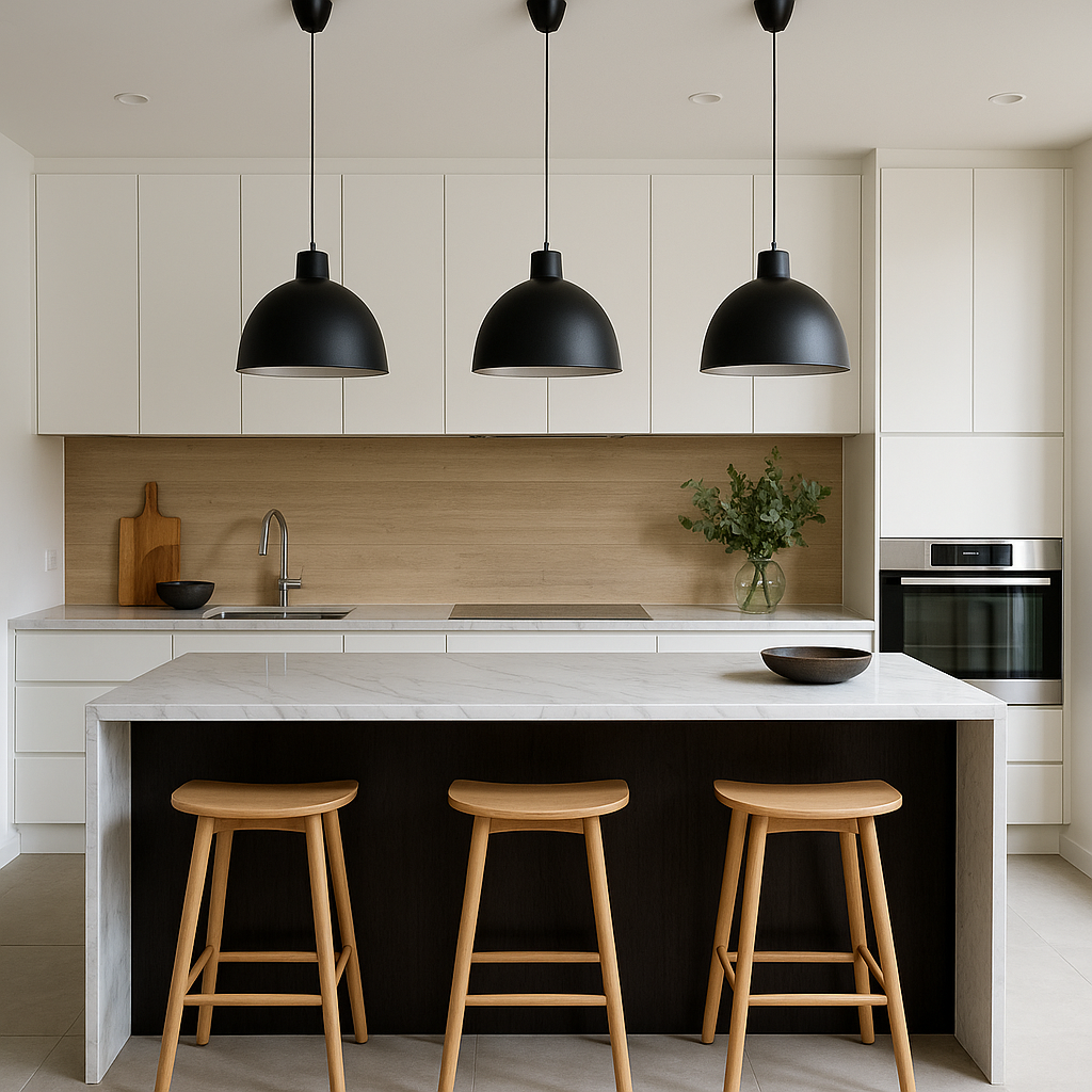 modern kitchen design with island bench and pendant lighting