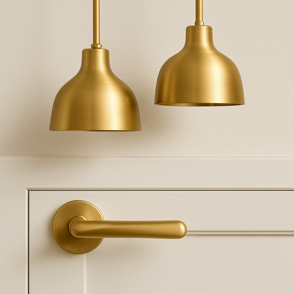 Close-up of two brushed gold pendant lights with smooth, curved shades hanging above a white cabinet door. Below them, a modern brushed gold door handle with a circular backplate is mounted on the cabinet, all set against a soft neutral background.