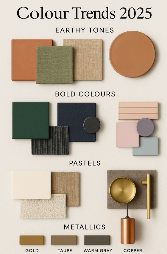 Colour Trends 2025 moodboard showing earthy tones, bold colours, pastels, warm neutrals, and metallic accents with material swatches