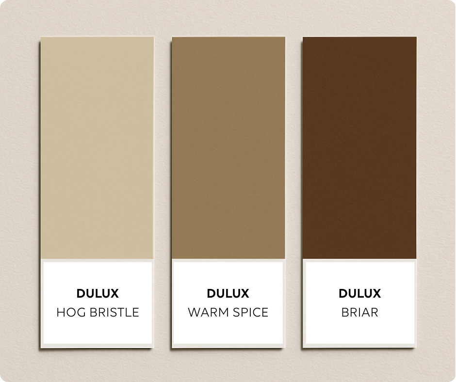 Three vertical color swatches in beige, medium brown, and dark brown appear side by side on a soft off-white textured background, without labels or text.
