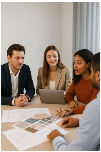 Interior design team consulting with client about fit-out finance option