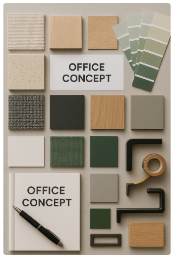 Office design material samples for business interiors fit-out finance project
