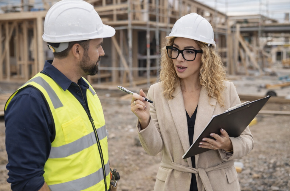 Interior designer discussing construction details with builder inside new home build 