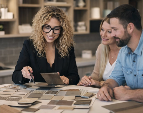 Interior designer helping clients choose finishes and materials for new home build